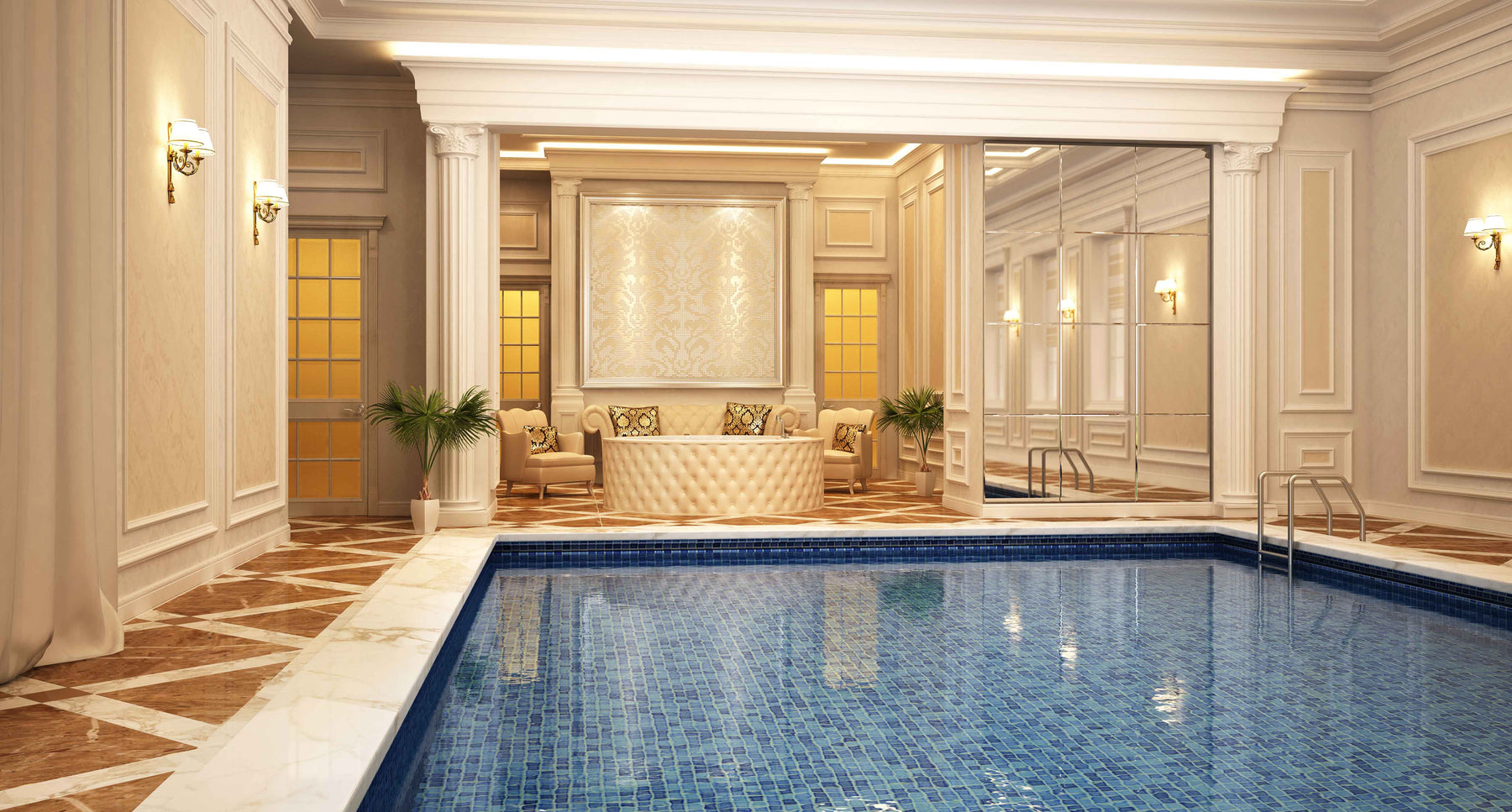 Swimming pool in hotel with seating area